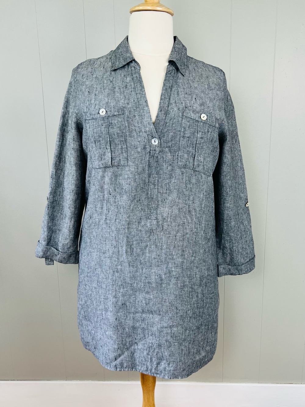 Soft Surroundings 100% Linen Tunic Dress Cover Up Gray Blue XL